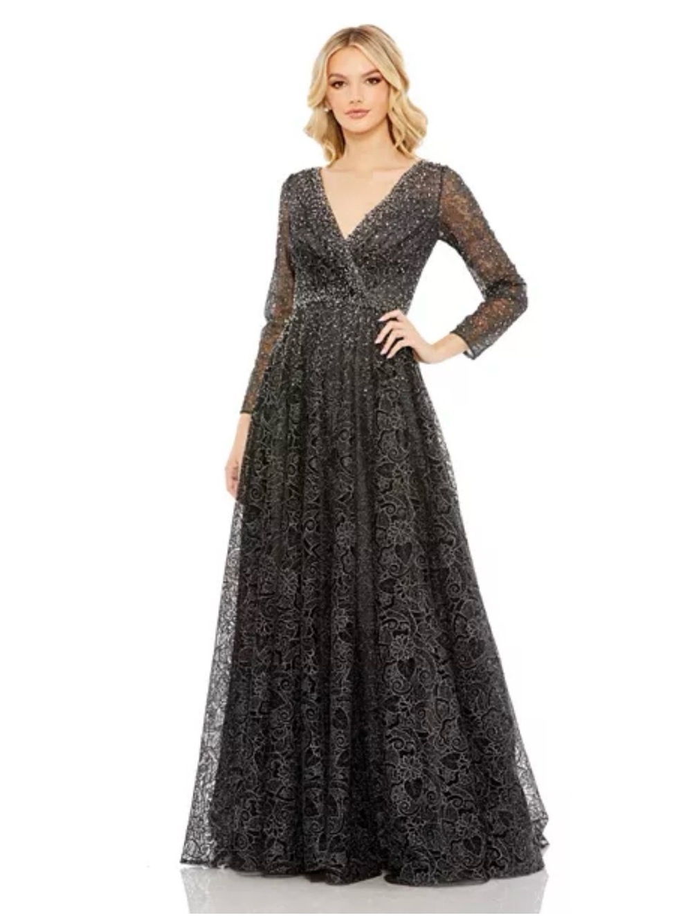 Mac Duggal Elegant Black V-Neck Long Sleeve Lace Evening Gown